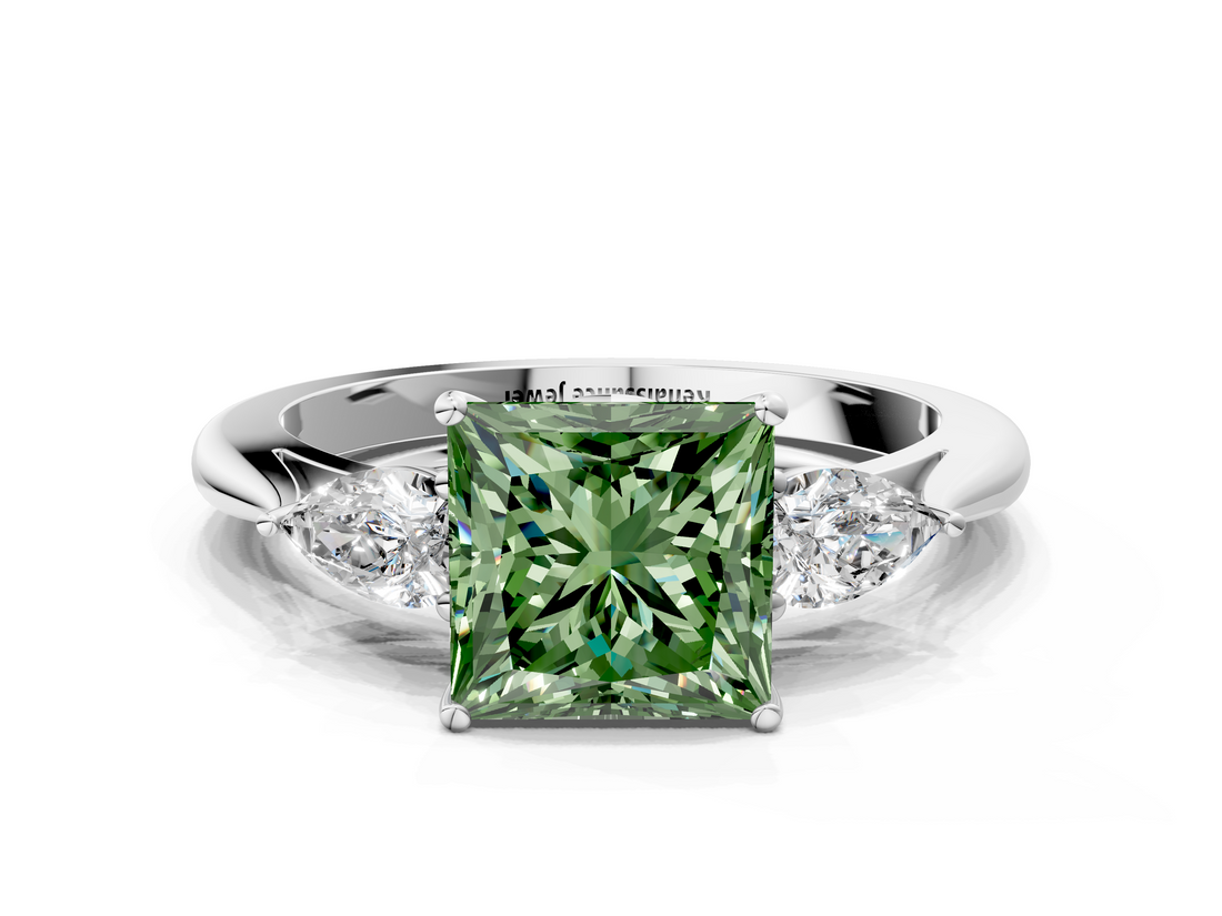 White gold Three-Stone Fancy Green Princess  Cut Diamond Ring with Pear Side Stones in Four-Prong Setting