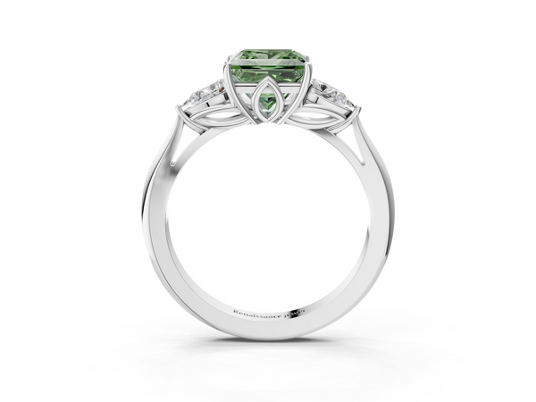 Platinum Three-Stone Fancy Green Princess  Cut Diamond Ring with Pear Side Stones in Four-Prong Setting