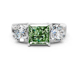 White gold Three-Stone Fancy Green Princess Cut Diamond Ring with Round Side Stones, Classic Band, and Four-Prong Setting_30