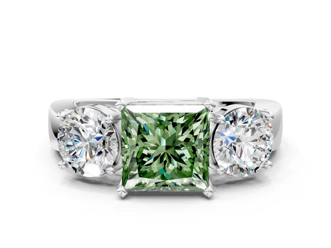White gold Three-Stone Fancy Green Princess Cut Diamond Ring with Round Side Stones, Classic Band, and Four-Prong Setting_30