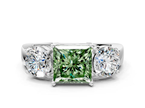 White gold Three-Stone Fancy Green Princess Cut Diamond Ring with Round Side Stones, Classic Band, and Four-Prong Setting_30