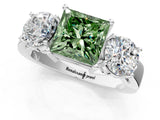 White gold Three-Stone Fancy Green Princess Cut Diamond Ring with Round Side Stones, Classic Band, and Four-Prong Setting_31