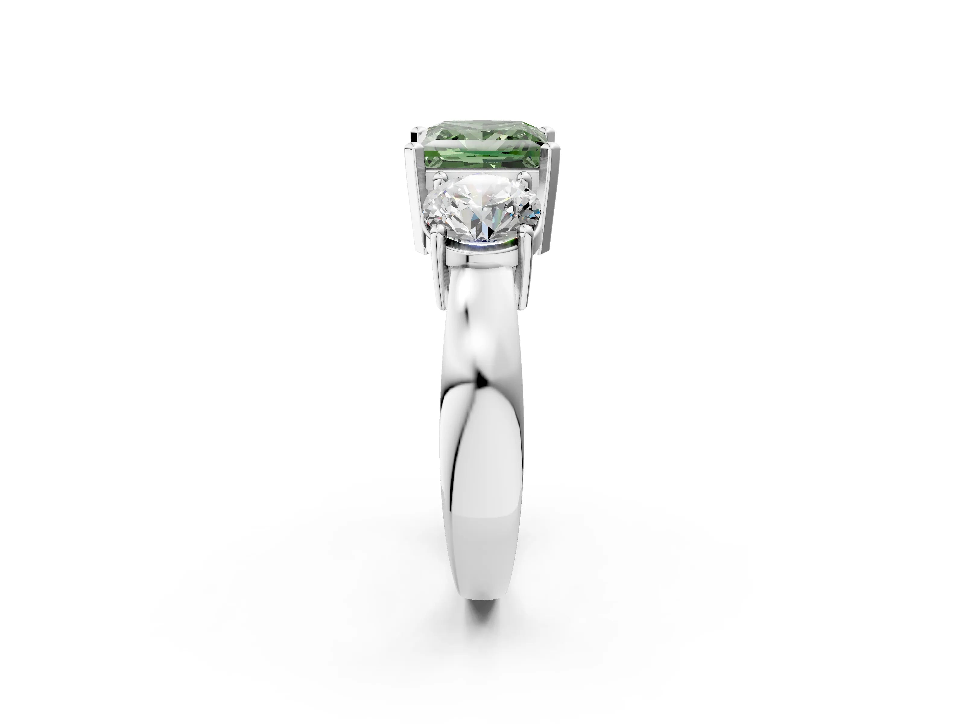 White gold Three-Stone Fancy Green Princess Cut Diamond Ring with Round Side Stones, Classic Band, and Four-Prong Setting_32