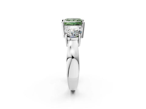 White gold Three-Stone Fancy Green Princess Cut Diamond Ring with Round Side Stones, Classic Band, and Four-Prong Setting_32