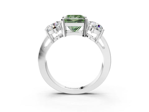 White gold Three-Stone Fancy Green Princess Cut Diamond Ring with Round Side Stones, Classic Band, and Four-Prong Setting_33