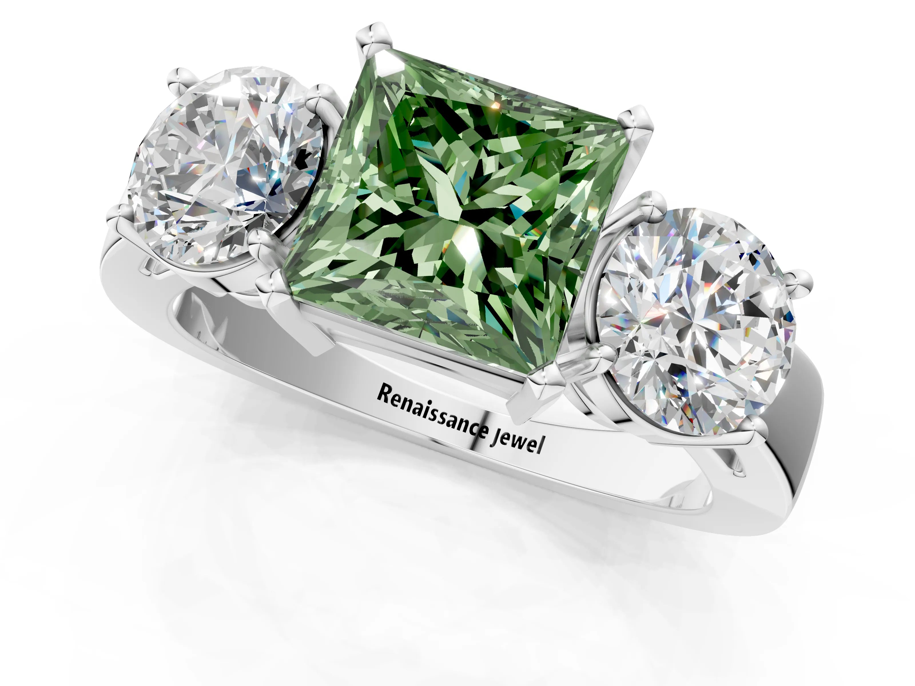 White gold Three-Stone Fancy Green Princess Cut Diamond Ring with Round Side Stones, Classic Band, and Four-Prong Setting_34