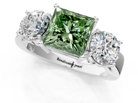 White gold Three-Stone Fancy Green Princess Cut Diamond Ring with Round Side Stones, Classic Band, and Four-Prong Setting_34