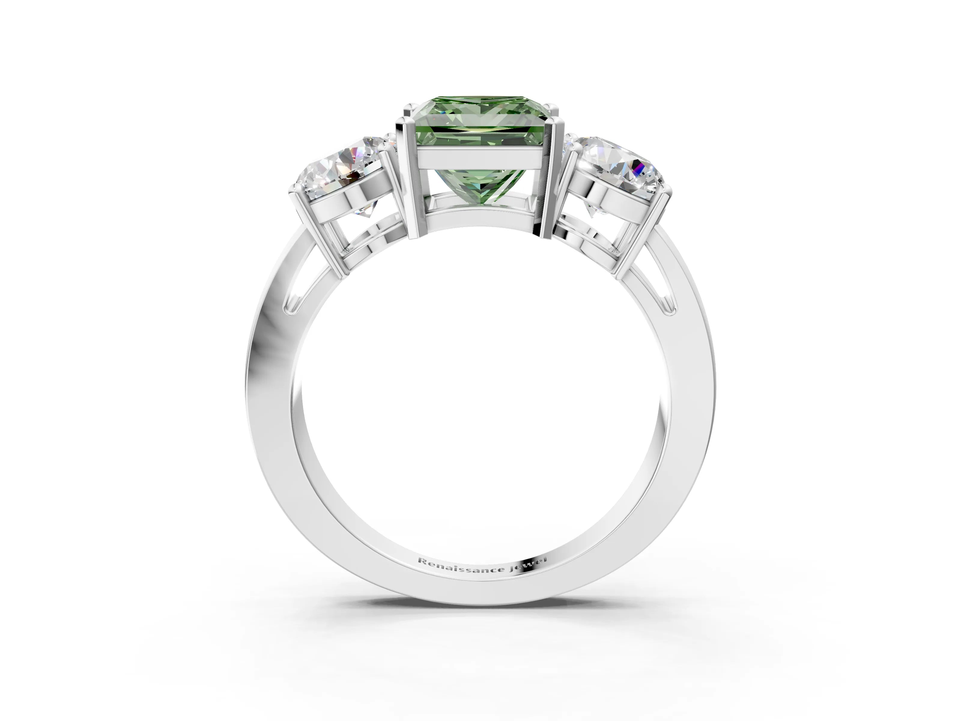 White gold Three-Stone Fancy Green Princess Cut Diamond Ring with Round Side Stones, Classic Band, and Four-Prong Setting_36