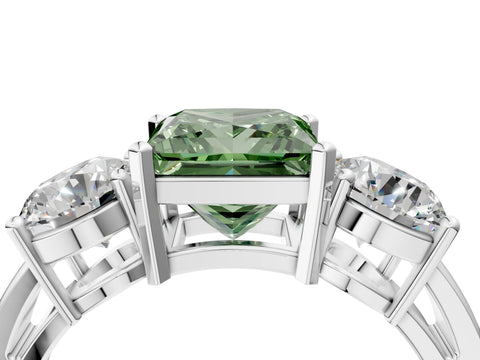 White gold Three-Stone Fancy Green Princess Cut Diamond Ring with Round Side Stones, Classic Band, and Four-Prong Setting_37