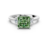 White gold Three-Stone Fancy Green Princess  Cut Diamond Solitaire with Prong Setting and Classic Band