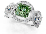 White gold Three-Stone Fancy Green Princess Cut Diamond Wave Pave Band with Prong Setting_7