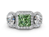 White gold Three-Stone Fancy Green Princess Cut Halo Diamond Milgrain Band with Four-Prong Setting