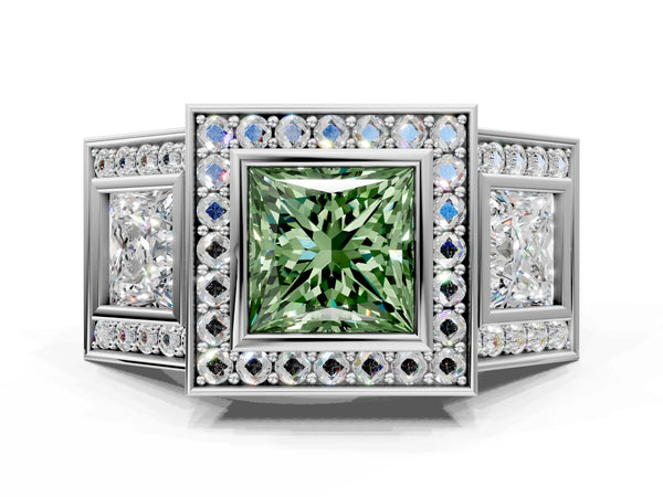 Platinum Three-Stone Fancy Green Princess Cut Halo Pavé Diamond Ring