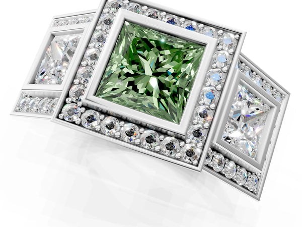 Platinum Three-Stone Fancy Green Princess Cut Halo Pavé Diamond Ring