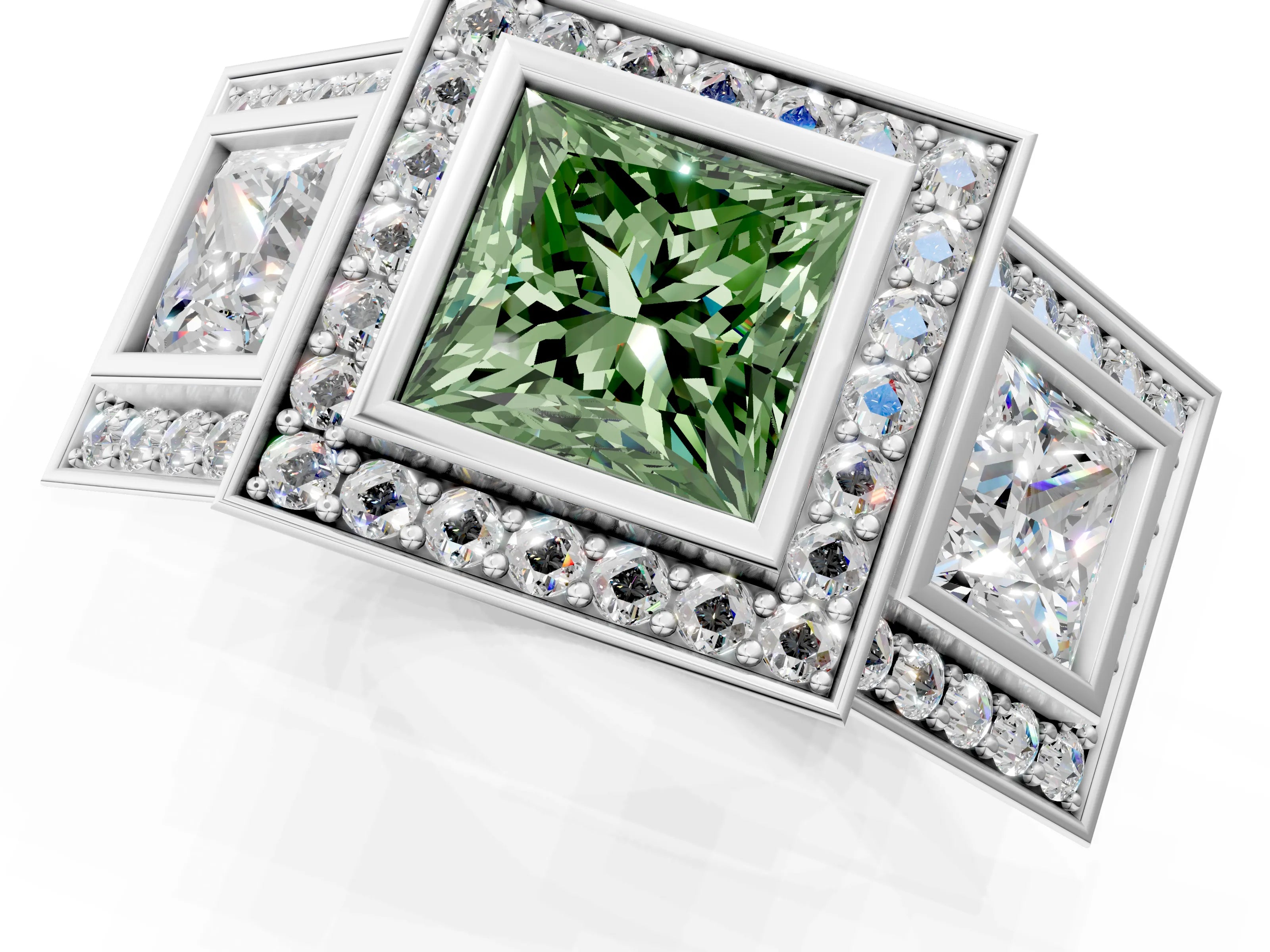 White gold Three-Stone Fancy Green Princess Cut Halo Pavé Diamond Ring_1