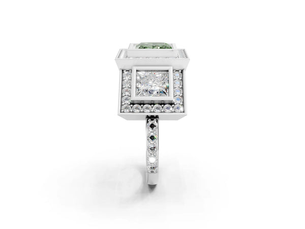 Platinum Three-Stone Fancy Green Princess Cut Halo Pavé Diamond Ring