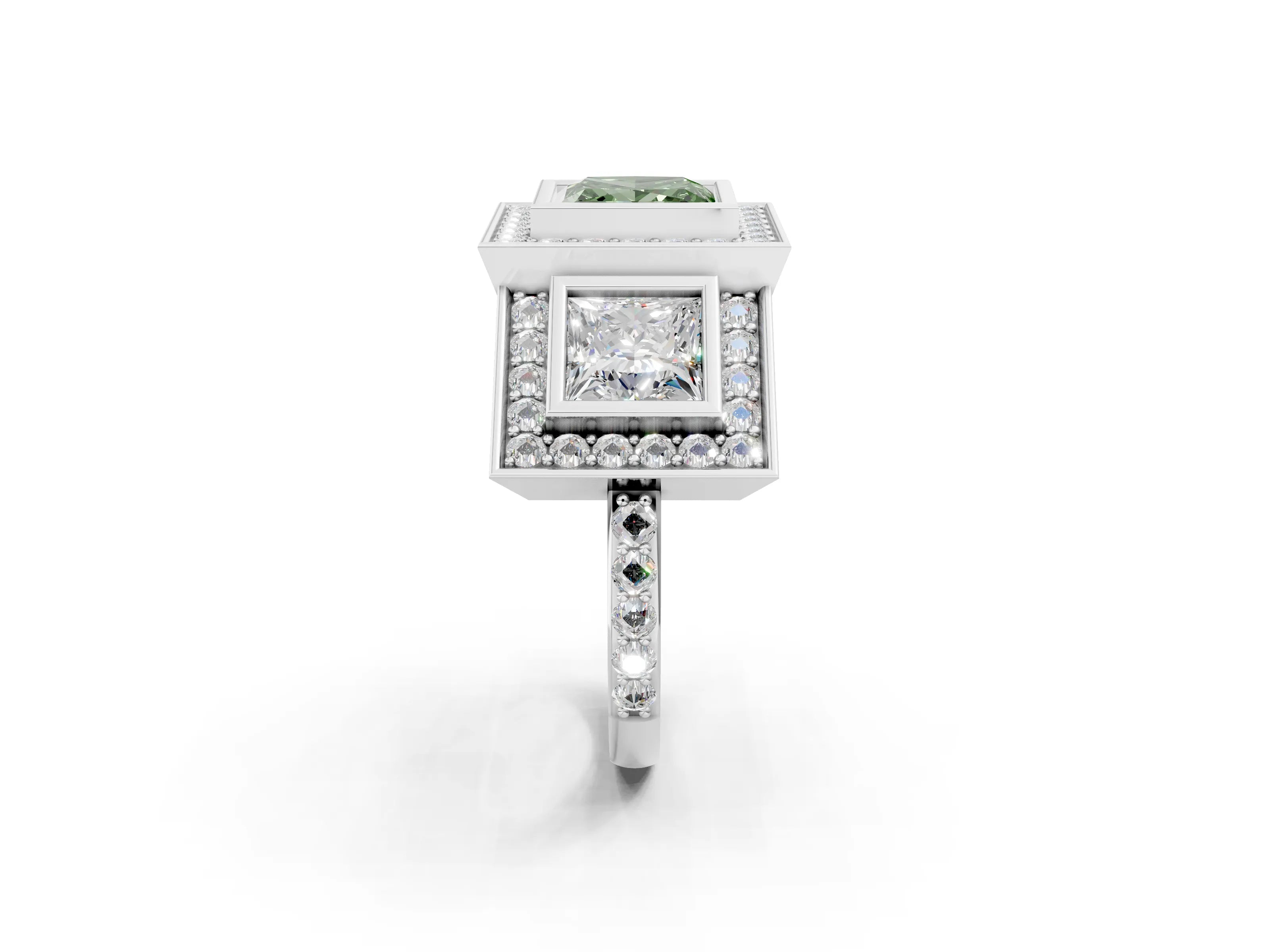 White gold Three-Stone Fancy Green Princess Cut Halo Pavé Diamond Ring_2