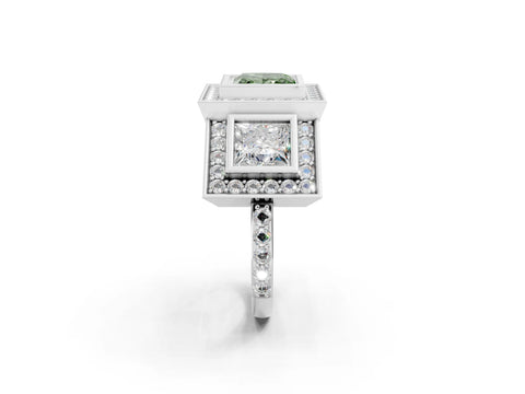 White gold Three-Stone Fancy Green Princess Cut Halo Pavé Diamond Ring_2