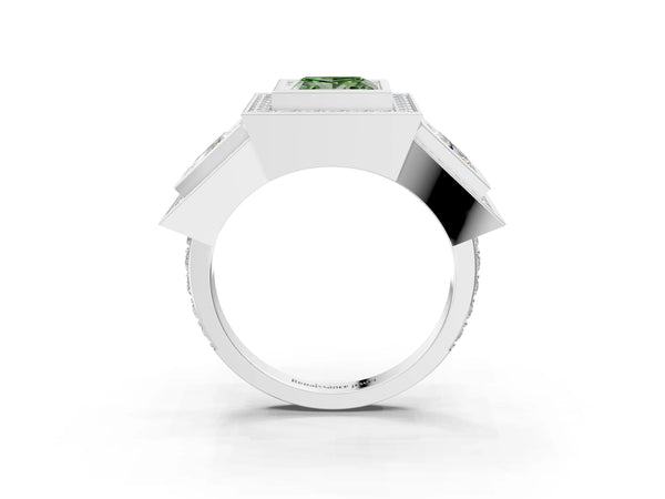 Platinum Three-Stone Fancy Green Princess Cut Halo Pavé Diamond Ring