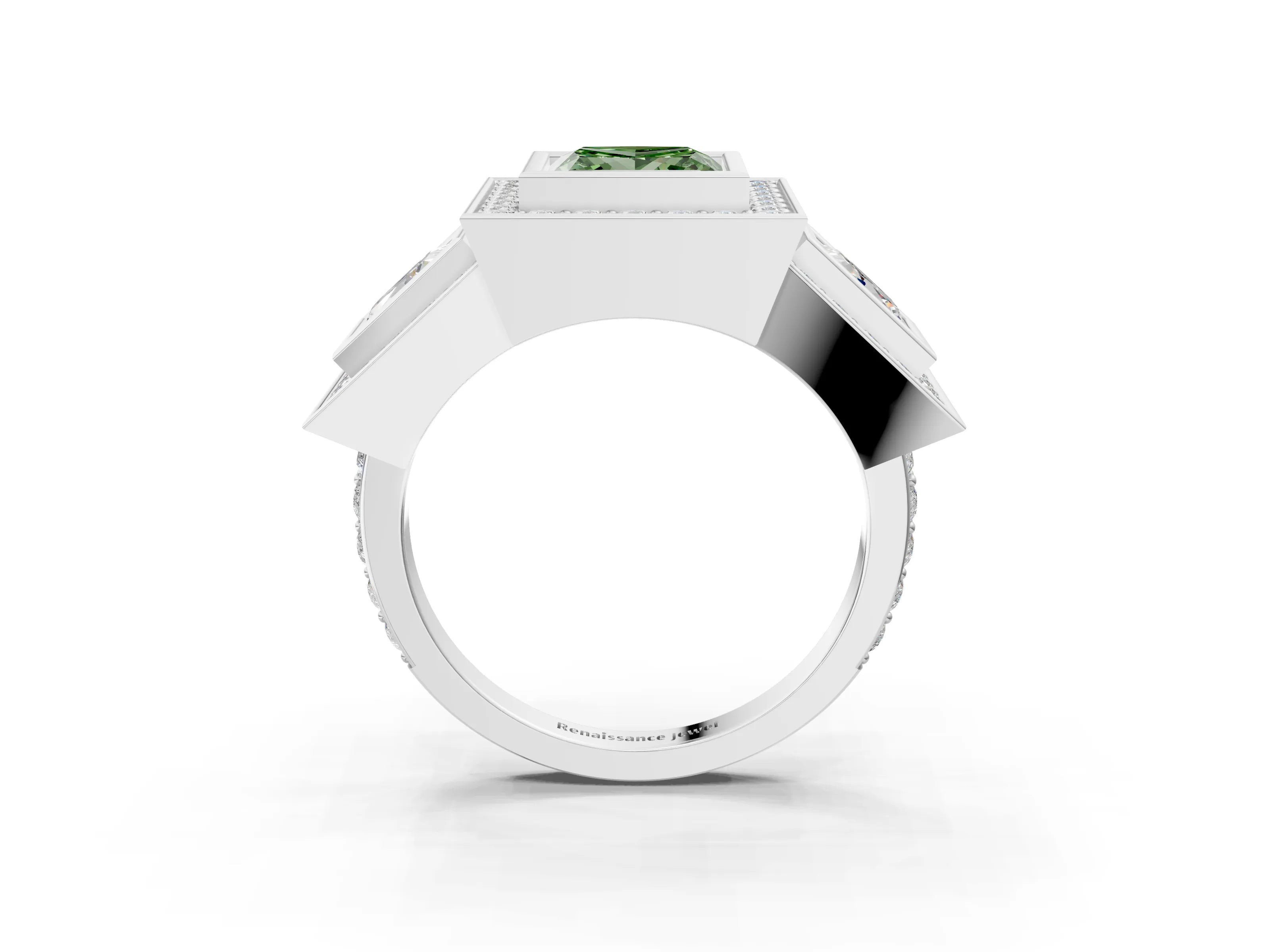 White gold Three-Stone Fancy Green Princess Cut Halo Pavé Diamond Ring_3