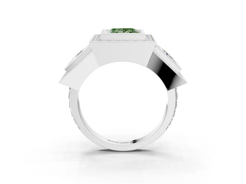 White gold Three-Stone Fancy Green Princess Cut Halo Pavé Diamond Ring_3