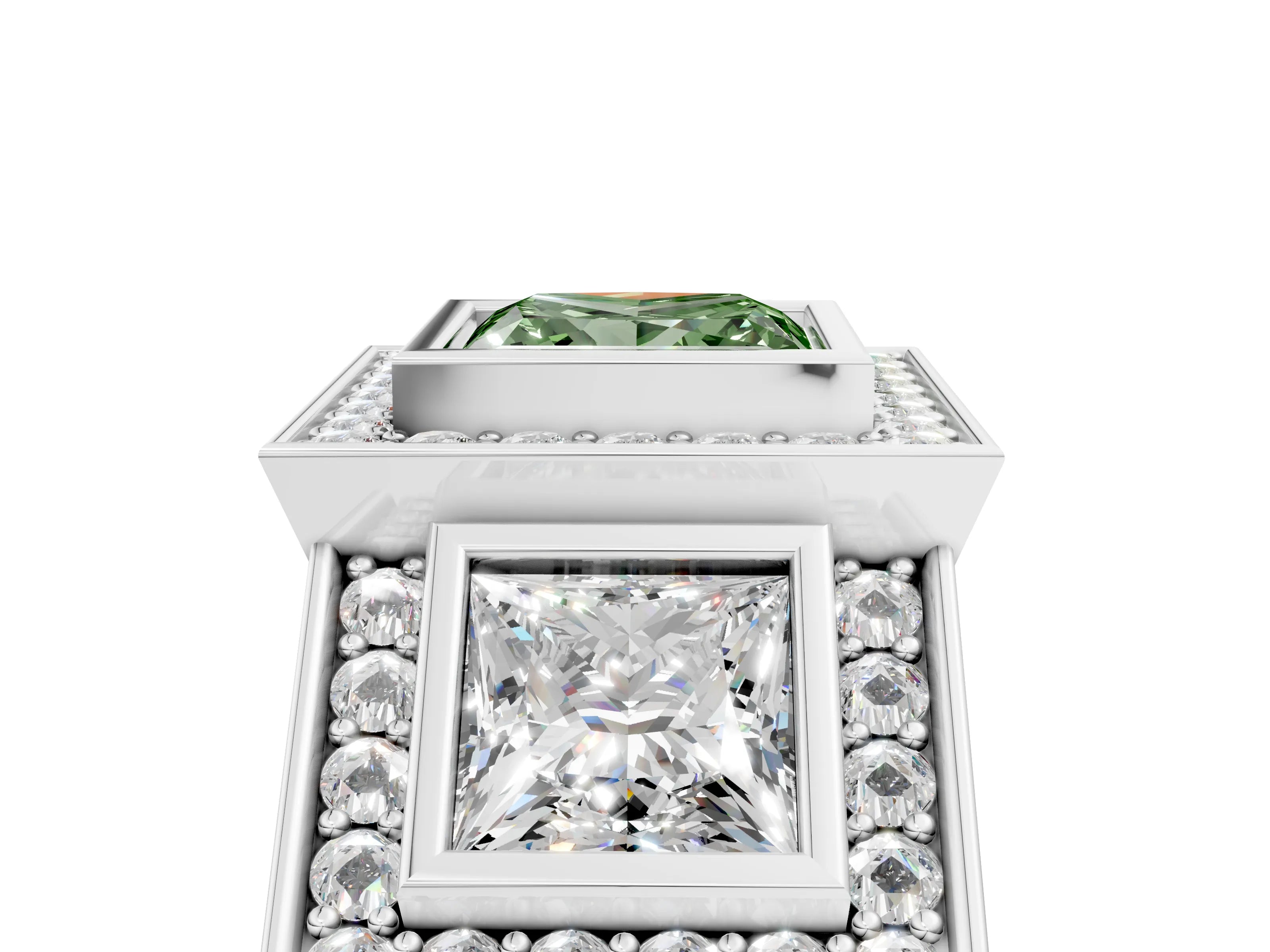 White gold Three-Stone Fancy Green Princess Cut Halo Pavé Diamond Ring_5