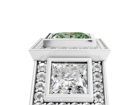 White gold Three-Stone Fancy Green Princess Cut Halo Pavé Diamond Ring_5