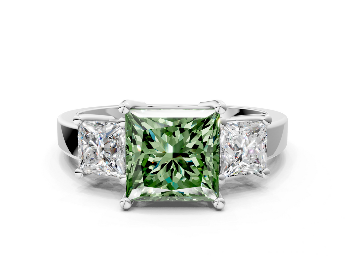 White gold Three-Stone Fancy Green Princess  Cut Solitaire Ring with Prong Setting_3