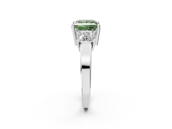 Platinum Three-Stone Fancy Green Princess  Cut Solitaire Ring with Prong Setting