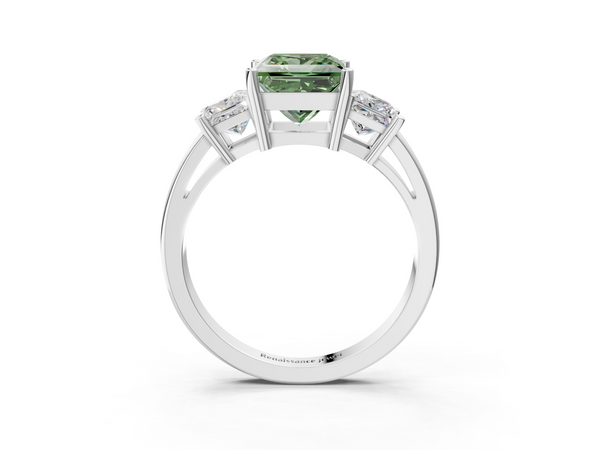 Platinum Three-Stone Fancy Green Princess  Cut Solitaire Ring with Prong Setting