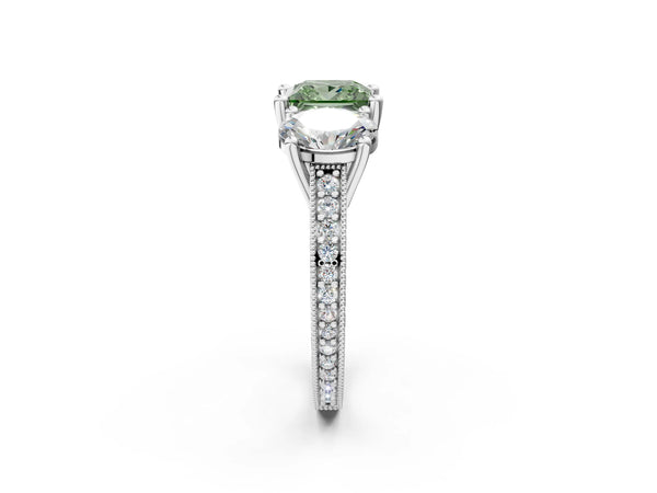 White gold Three-Stone Fancy Green Princess  Diamond Milgrain Pave Band with Prong Setting