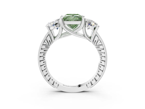White gold Three-Stone Fancy Green Princess  Diamond Milgrain Pave Band with Prong Setting
