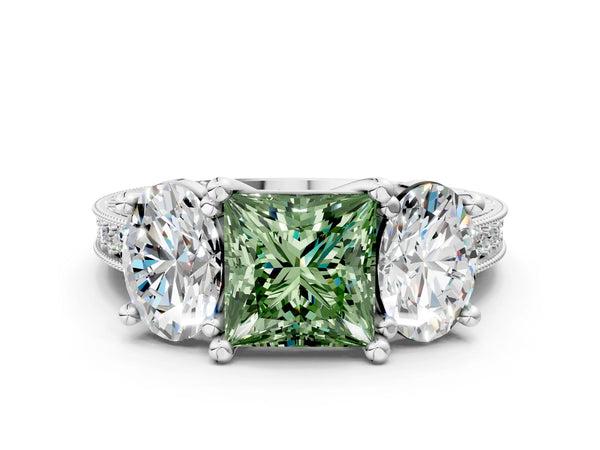 White gold Three-Stone Fancy Green Princess  Diamond Milgrain Pave Band with Prong Setting