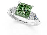 White gold Three-Stone Fancy Green Princess  Diamond Ring with Pear Side Stones in Four-Prong Setting_1