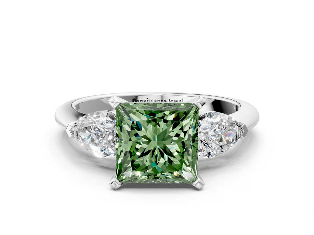 White gold Three-Stone Fancy Green Princess  Diamond Ring with Pear Side Stones in Four-Prong Setting