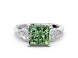 White gold Three-Stone Fancy Green Princess  Diamond Ring with Pear Side Stones in Four-Prong Setting