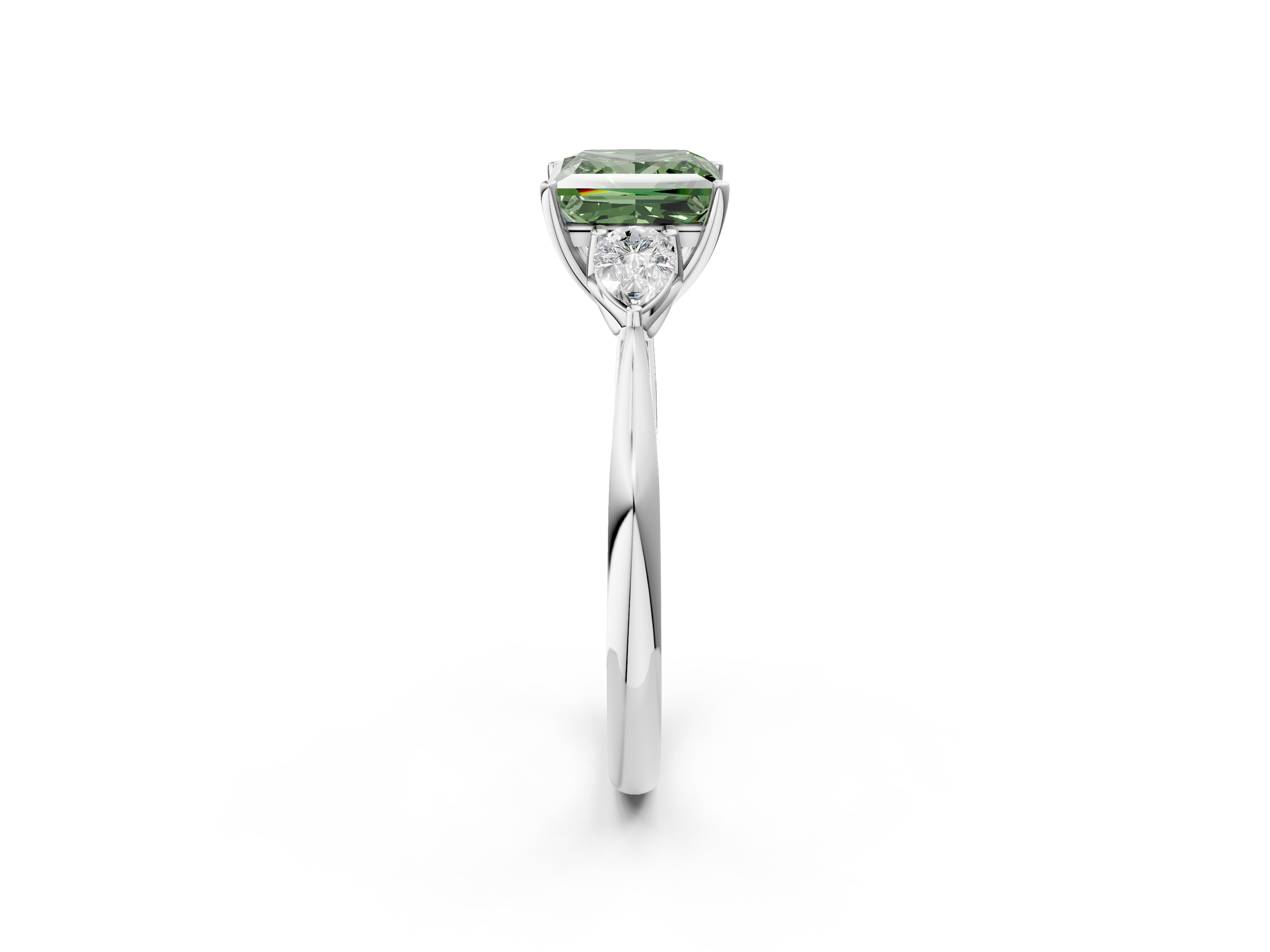 White gold Three-Stone Fancy Green Princess  Diamond Solitaire Ring with Pear Side Stones and Four-Prong Setting_19