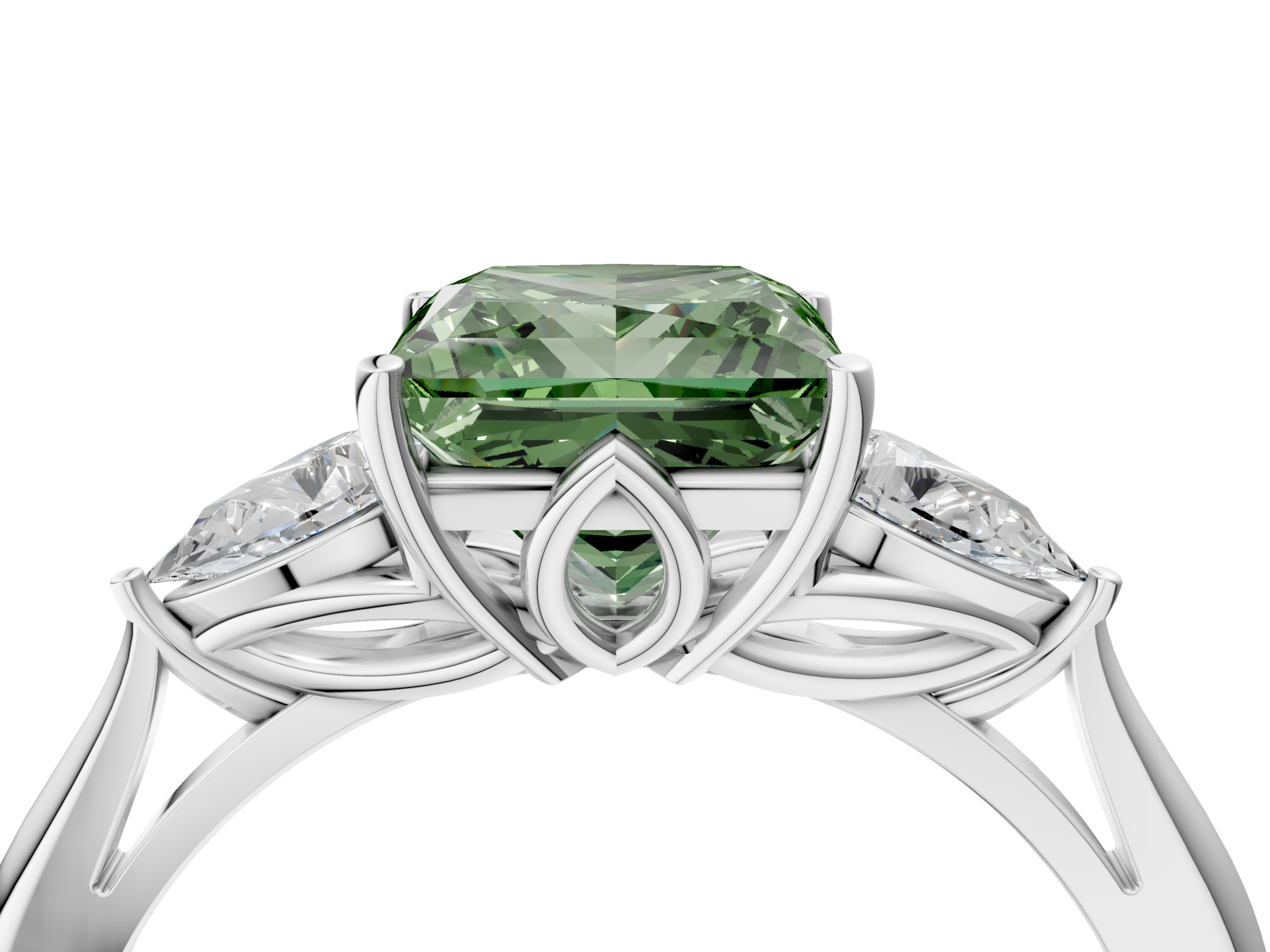White gold Three-Stone Fancy Green Princess  Diamond Solitaire Ring with Pear Side Stones and Four-Prong Setting_21