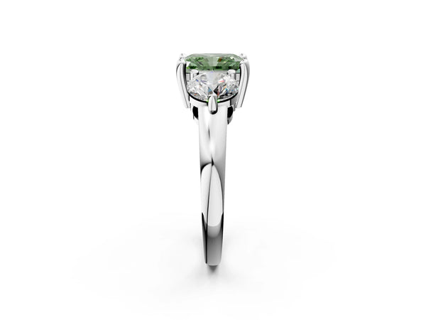 White gold Three-Stone Fancy Green Radiant  Brilliant Cut Solitaire Ring with Prong Setting on a Classic Band