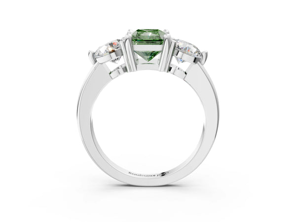 White gold Three-Stone Fancy Green Radiant  Brilliant Cut Solitaire Ring with Prong Setting on a Classic Band