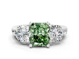 White gold Three-Stone Fancy Green Radiant  Brilliant Cut Solitaire Ring with Prong Setting on a Classic Band