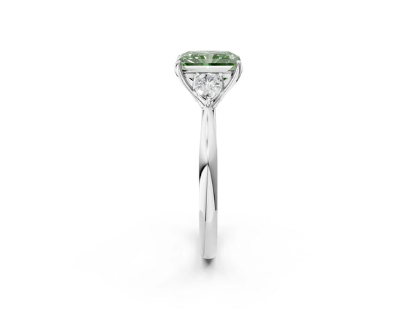 Platinum Three-Stone Fancy Green Radiant Cut Brilliant Diamond Solitaire Ring with Tapered Band and Four-Prong Setting