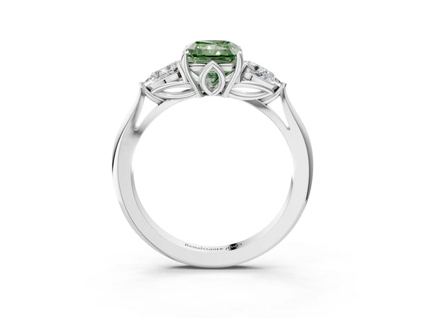 Platinum Three-Stone Fancy Green Radiant Cut Brilliant Diamond Solitaire Ring with Tapered Band and Four-Prong Setting