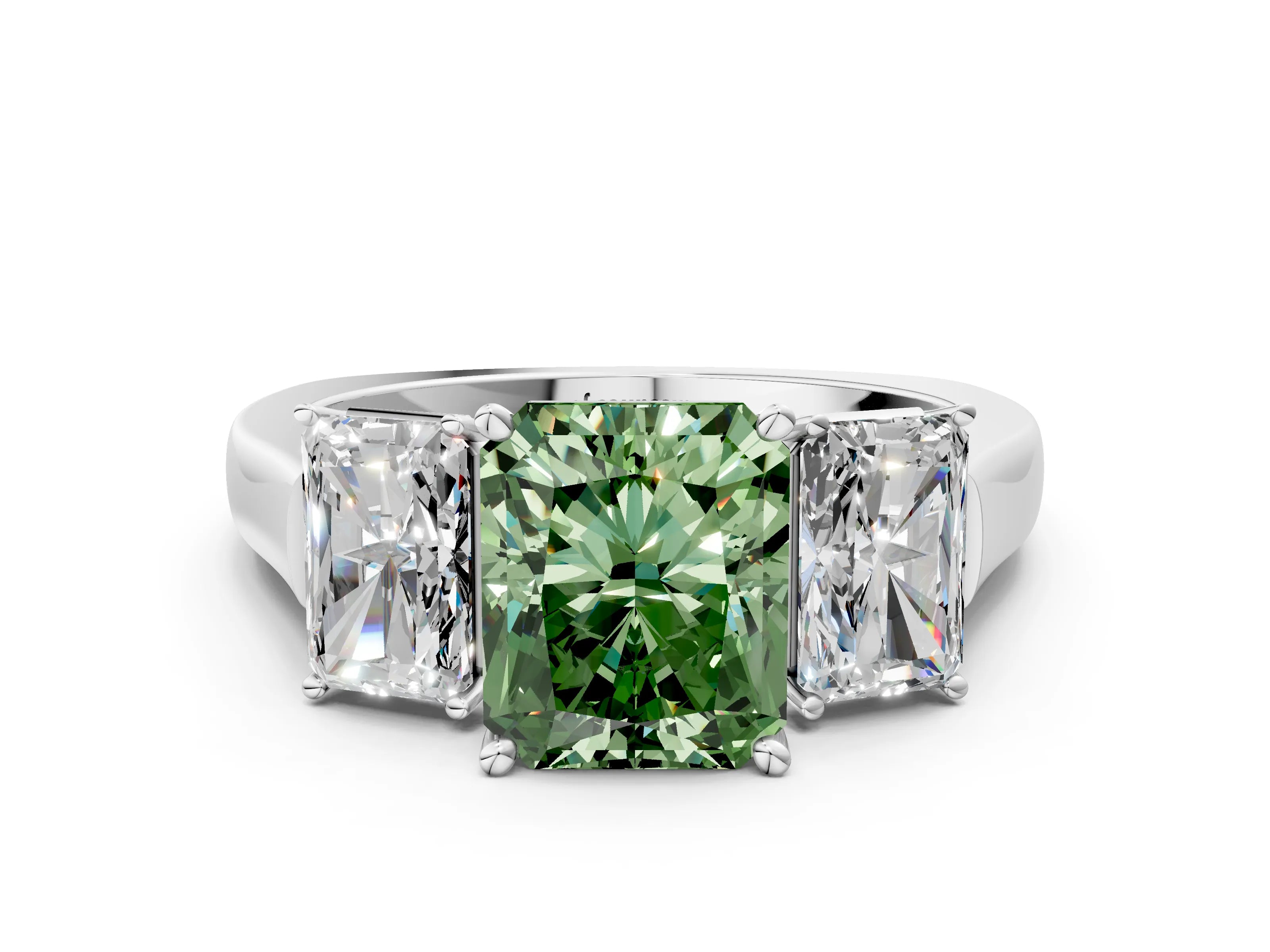 White gold Three-Stone Fancy Green Radiant Cut Brilliant Diamond Trellis Ring with Comfort Fit Band_12