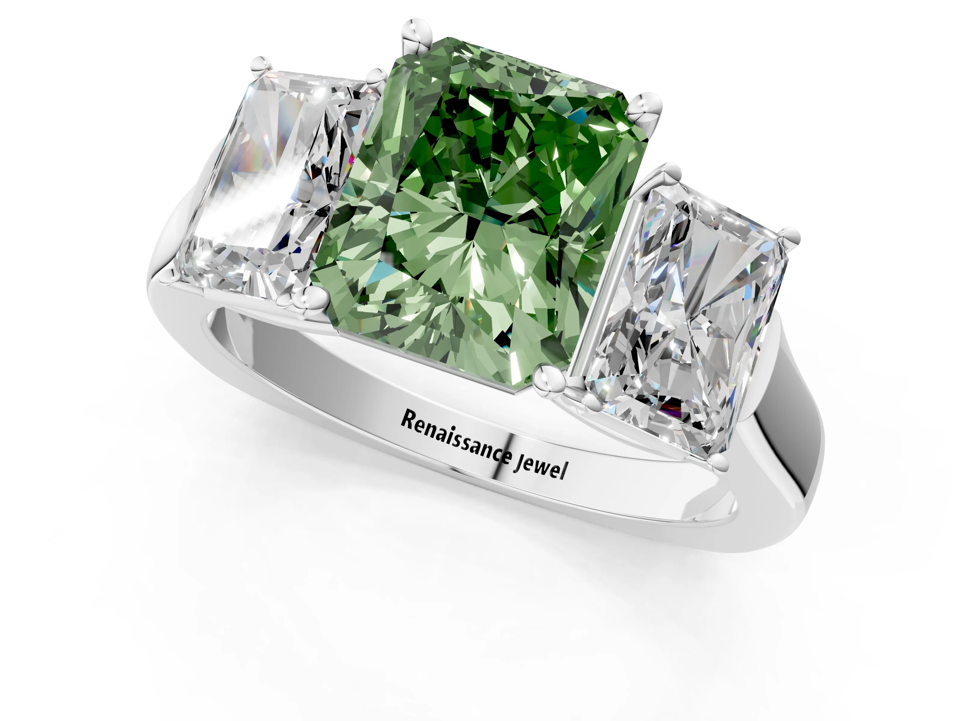 White gold Three-Stone Fancy Green Radiant Cut Brilliant Diamond Trellis Ring with Comfort Fit Band_13