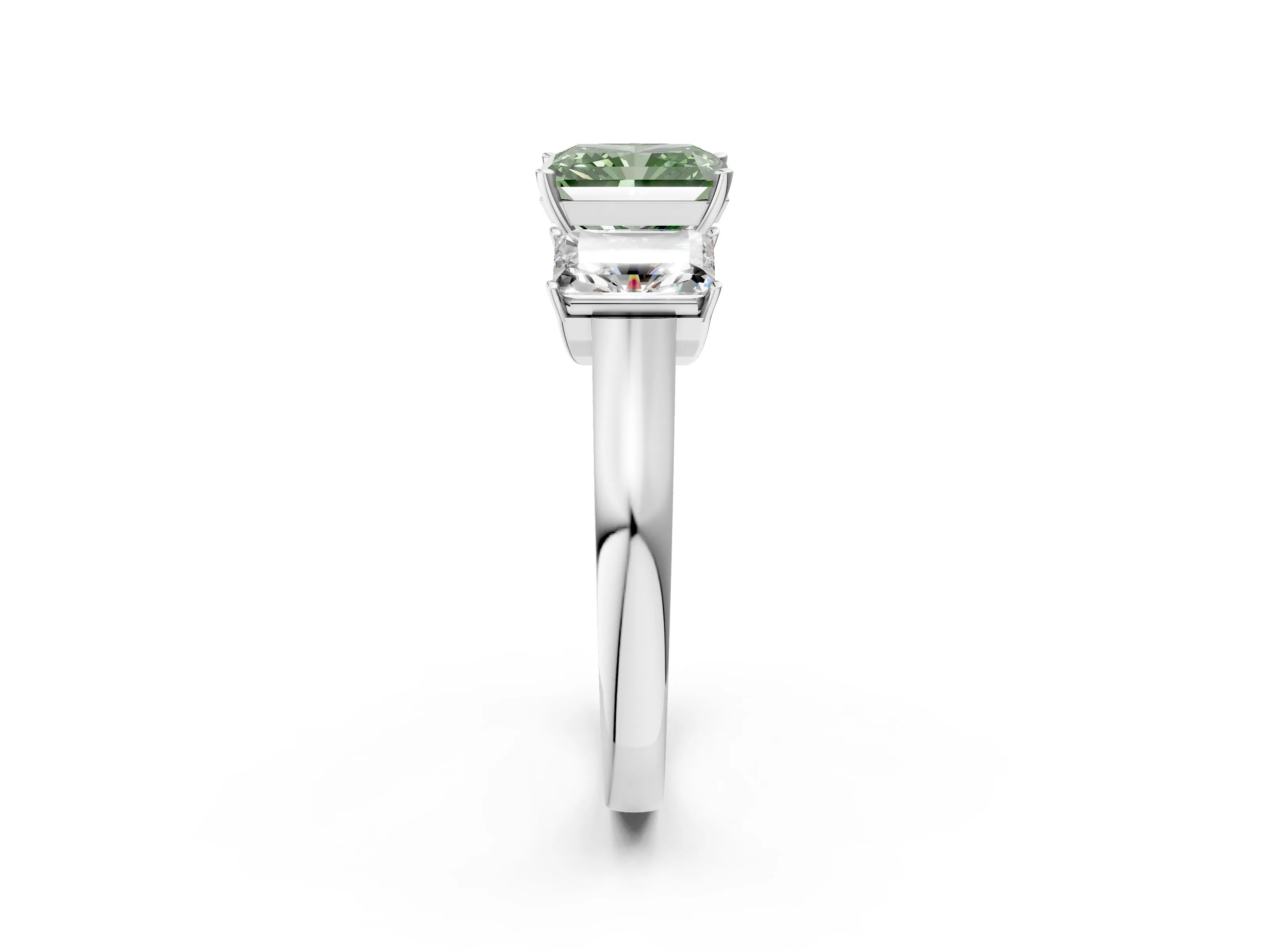 White gold Three-Stone Fancy Green Radiant Cut Brilliant Diamond Trellis Ring with Comfort Fit Band_14