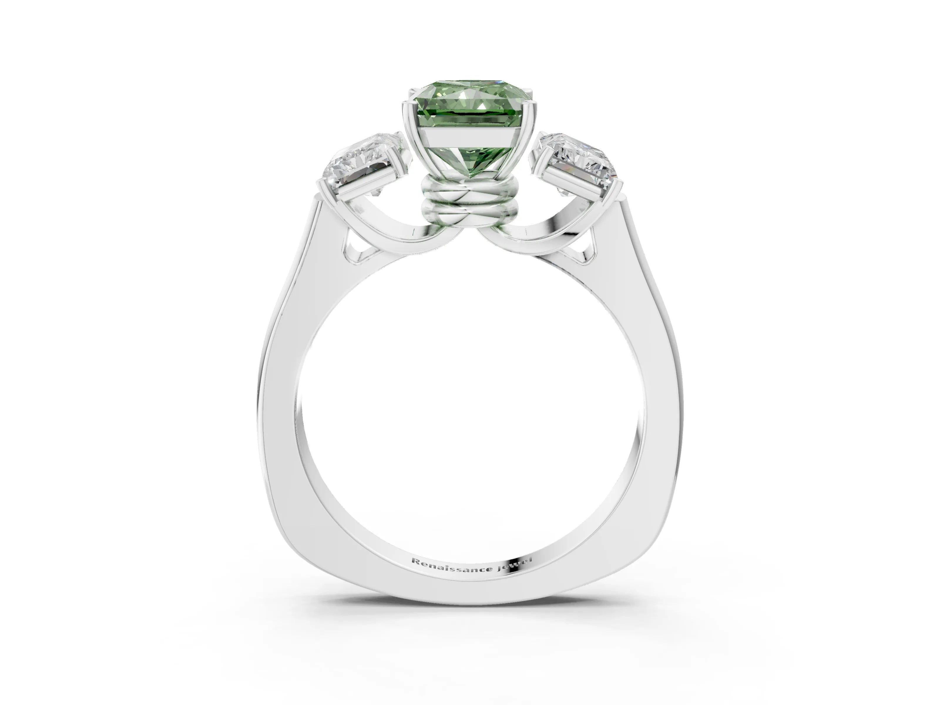 White gold Three-Stone Fancy Green Radiant Cut Brilliant Diamond Trellis Ring with Comfort Fit Band_15