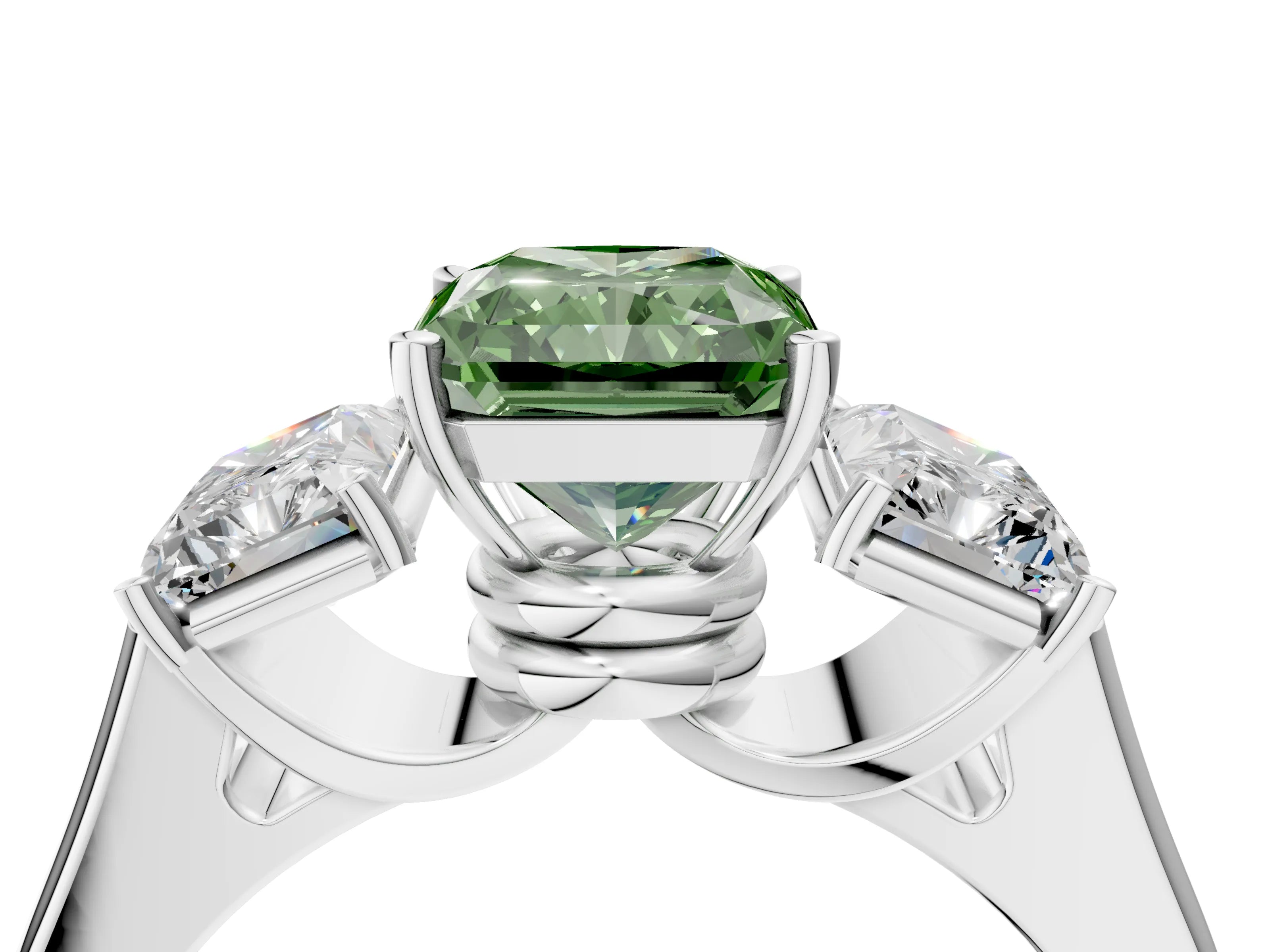 White gold Three-Stone Fancy Green Radiant Cut Brilliant Diamond Trellis Ring with Comfort Fit Band_16