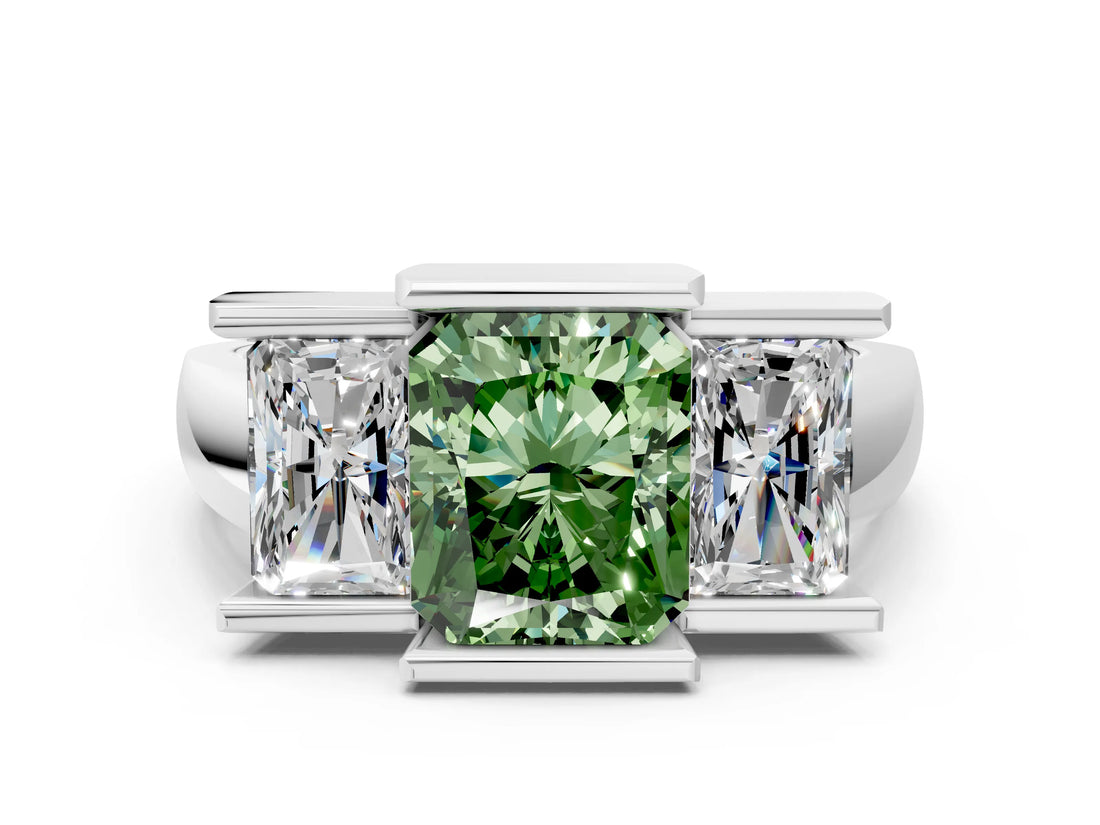 White gold Three Stone Fancy Green Radiant Cut Cut Channel Set Diamond Ring_24