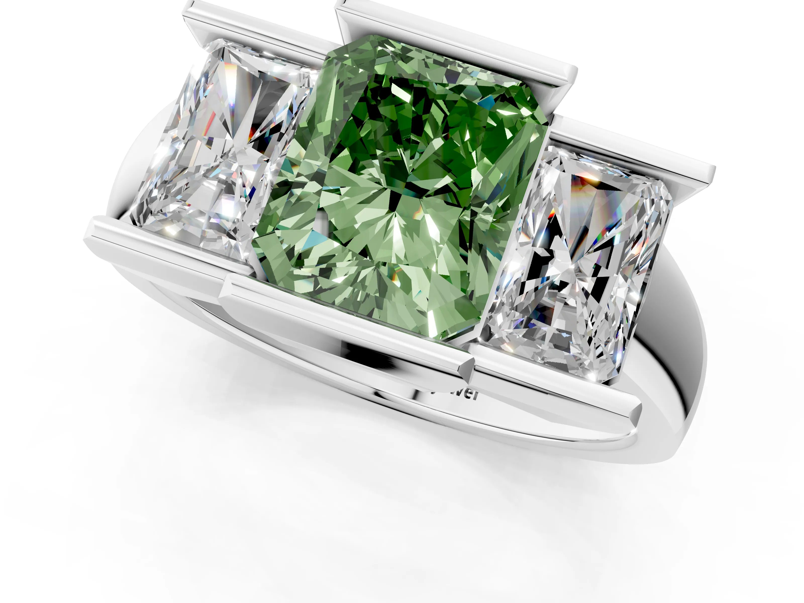 White gold Three Stone Fancy Green Radiant Cut Cut Channel Set Diamond Ring_25